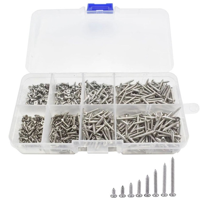 Set de 800 de suruburi autofiletante, BOMSTOM, Cutie de depozitare transparenta pentru acces usor, M2, 8 lungimi diferite, rezistent la rugina si uzura, rezistent la coroziune, pentru masini, electronice, lemn, gospodarie, Argintiu