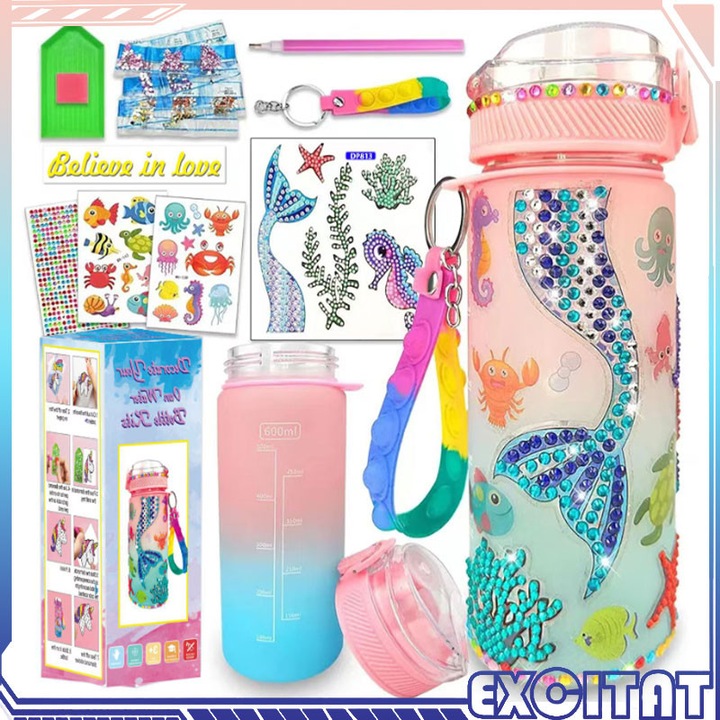 Sticla de apa creativa DIY pentru copii cu pietre pretioase, EXCITAT®,600ml, Sirena, Potrivit pentru scoli si in aer liber, Poate fi folosit ca un cadou de sarbatori, Multicolor