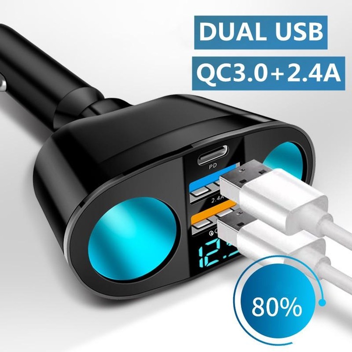Multiplicator priza auto, 2 x USB 7.4A, 1 x USB-C 3A, afisaj display voltaj, negru
