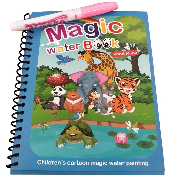 Vízfestőkönyv Magic Water Book, Állatvilág, Aquadoodle típusú, Újrafelhasználható, tele élénk színekkel, zsiráf, elefánt, tigris, panda medve, majom, nyúl, lányoknak és fiúknak 2, 3, 4, 5, 6 éves korig, bebeLOGIC™
