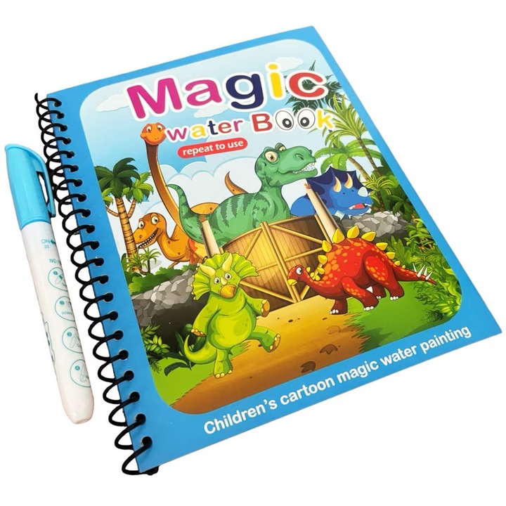 Carte de colorat cu apa Magic Book, Dinosaur World, tip Aquadoodle, Reutilizabila, plina de culori vibrante, dinozauri diversi, pentru fete si baieti 2, 3, 4, 5, 6 ani, bebeLOGIC™