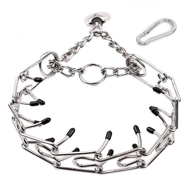 Zgarda de dresaj, SINBINTA, Pentru caini, Reglabil, Carabinie cu inel D, Sfaturi de cauciuc, Usor de instalat, Rezistent la uzura, Reutilizabile, Aanti-sufocare, Rezistent, Metal, 4mmx60cm, Argintiu