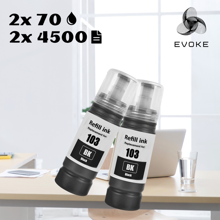 Set 5 Flacoane cerneala imprimanta pentru Epson 103 CMYK, 140 ml negru, 70 ml CMY, compatibil cu EcoTank L1110, L1250, L3100, L3110, L3150, L3160, L3210, L3211, L3250, L3251, L3256, L5190, L5290, L5590