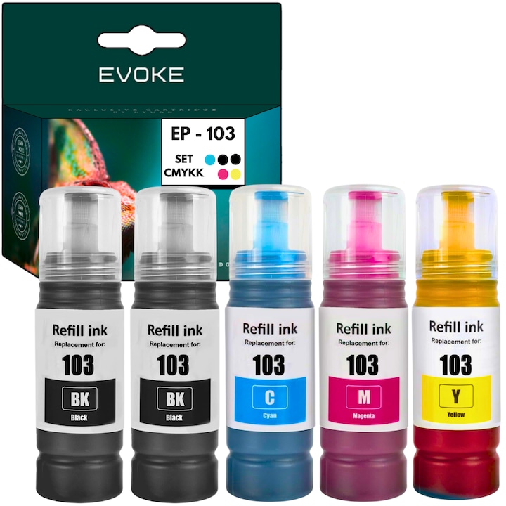 Комплект от 5 бутилки с мастило за принтер Epson 103 CMYK, 140 ml черно, 70 ml CMY, съвместими с EcoTank L1110, L1250, L3100, L3110, L3150, L3160, L3210, L3211, L3250, L3251, L3256, L5190, L5290, L5590
