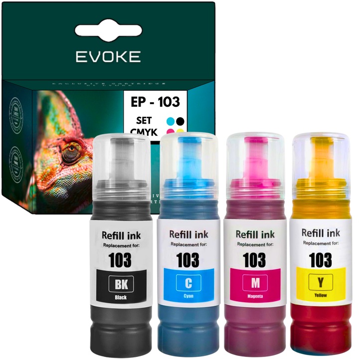 Комплект от 4 бутилки с мастило за принтер Epson 103 CMYK, 70 ml всеки цвят, съвместими с EcoTank L1110, L1250, L3100, L3110, L3150, L3160, L3210, L3211, L3250, L3251, L3256, L5190, L5290, L5590