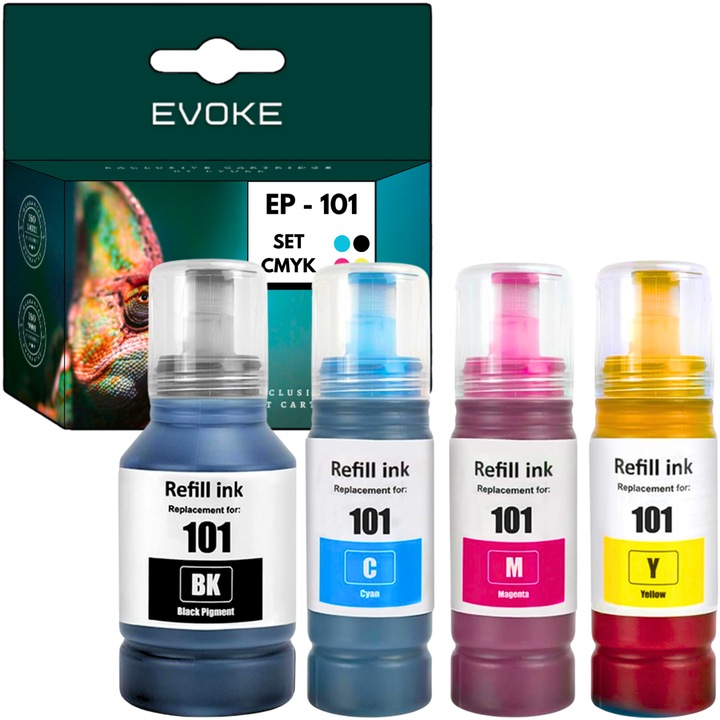 Комплект от 4 бутилки с мастило за принтер Epson 101 CMYK, 130 ml черни, 70 ml всеки цвят, съвместими с EcoTank ITS L4150, L4160, L6160, L6170, L6190, L4260, L4266, L6260, L6270, L6276, L6290