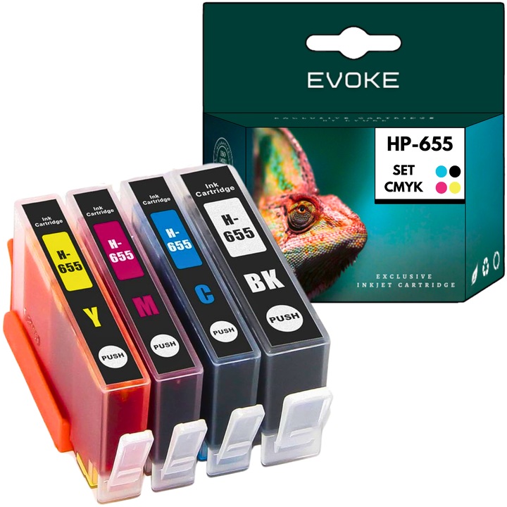 Комплект от 4 касети за принтер HP 655 CMYK, 1170 страници черни, 1200 страници синьо червено жълти, мастило съвместимо с DeskJet Ink Advantage 3525, 4615, 4625, 5000, 5500, 5520, 5525, 6520, 6525