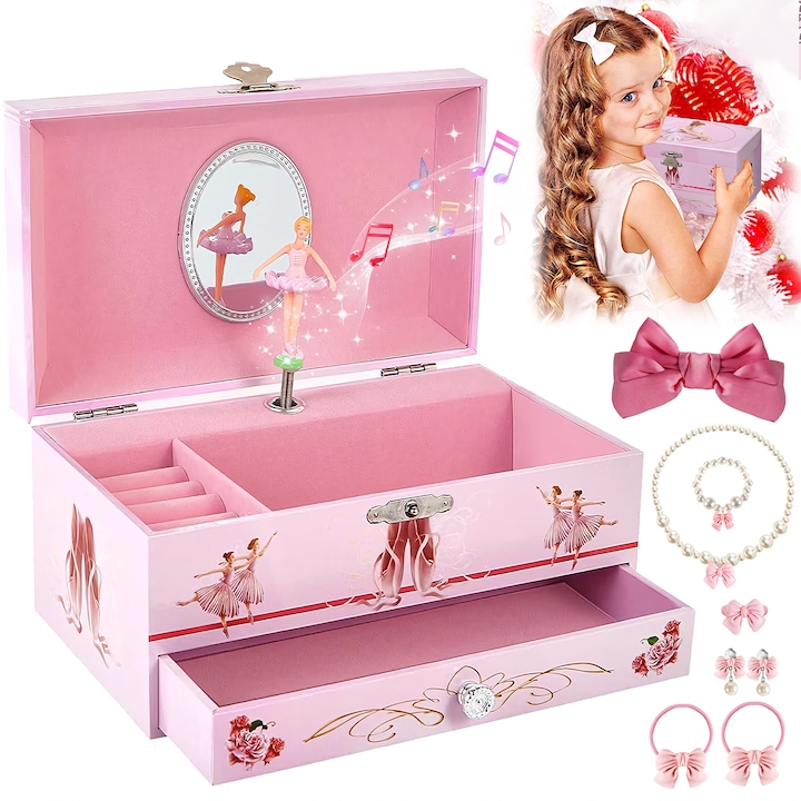 Cutie Bijuterii Copii, BYONDSELF®, cu Muzica/7 Accesorii cu Funda, 19×11×9.3CM, Roz