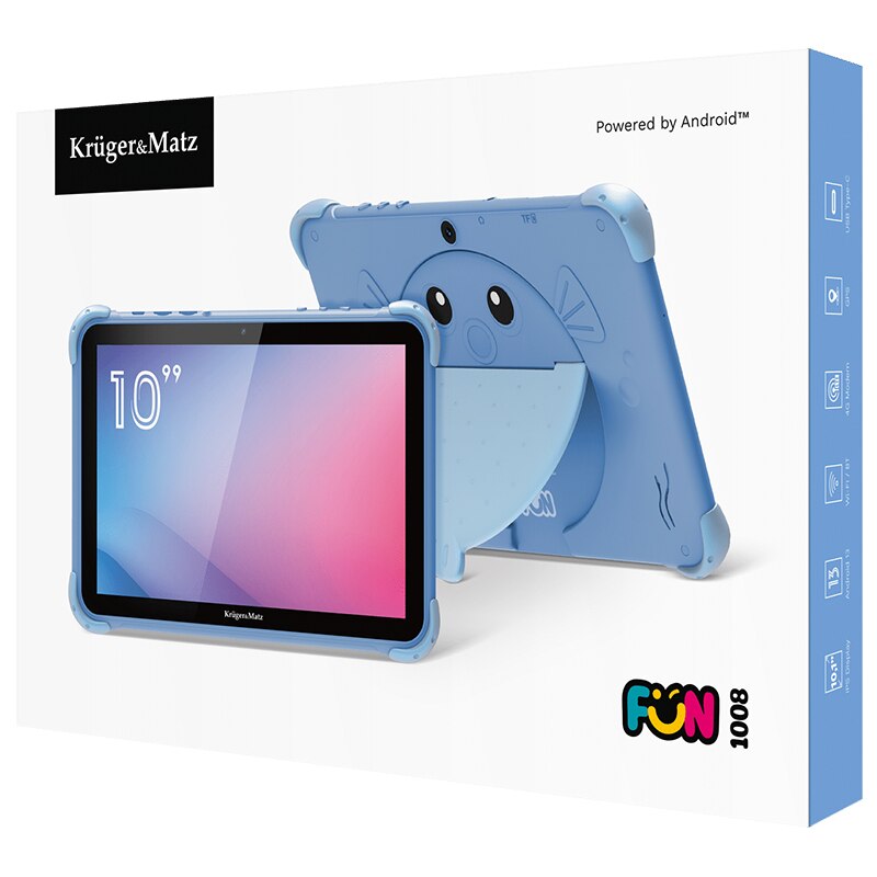 Tableta Kruger&Matz FUN 1008, Procesor Unisoc Tiger T310 Quad-Core, Ecran IPS 10.1", 4GB RAM, 64GB Flash, 5MP, Wi-Fi, Bluetooth, 4G, Android Albastru