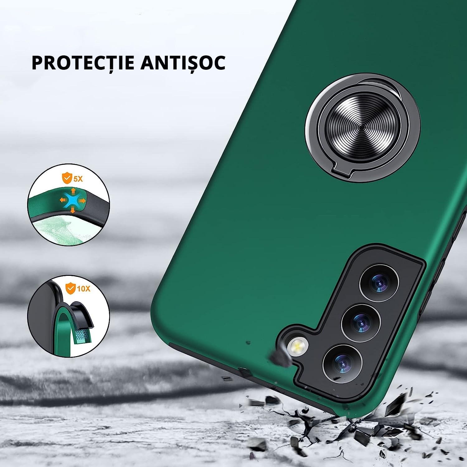 Husa de protectie pentru Samsung Galaxy S22 Plus, Hybrid Antisoc, Kickstand, Bumper inel rotativ 360, Green