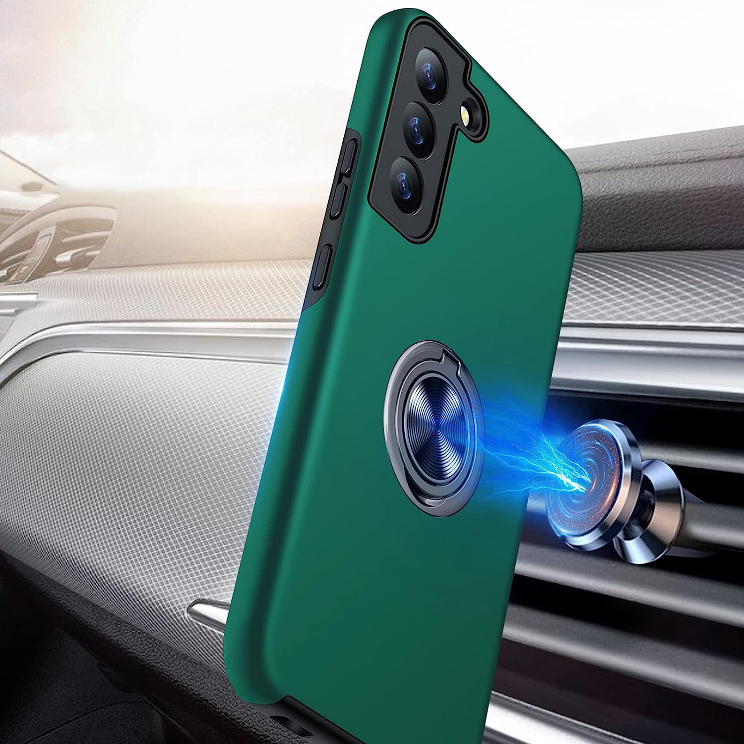 Husa de protectie pentru Samsung Galaxy S22, Hybrid Antisoc, Kickstand, Bumper inel rotativ 360, Green