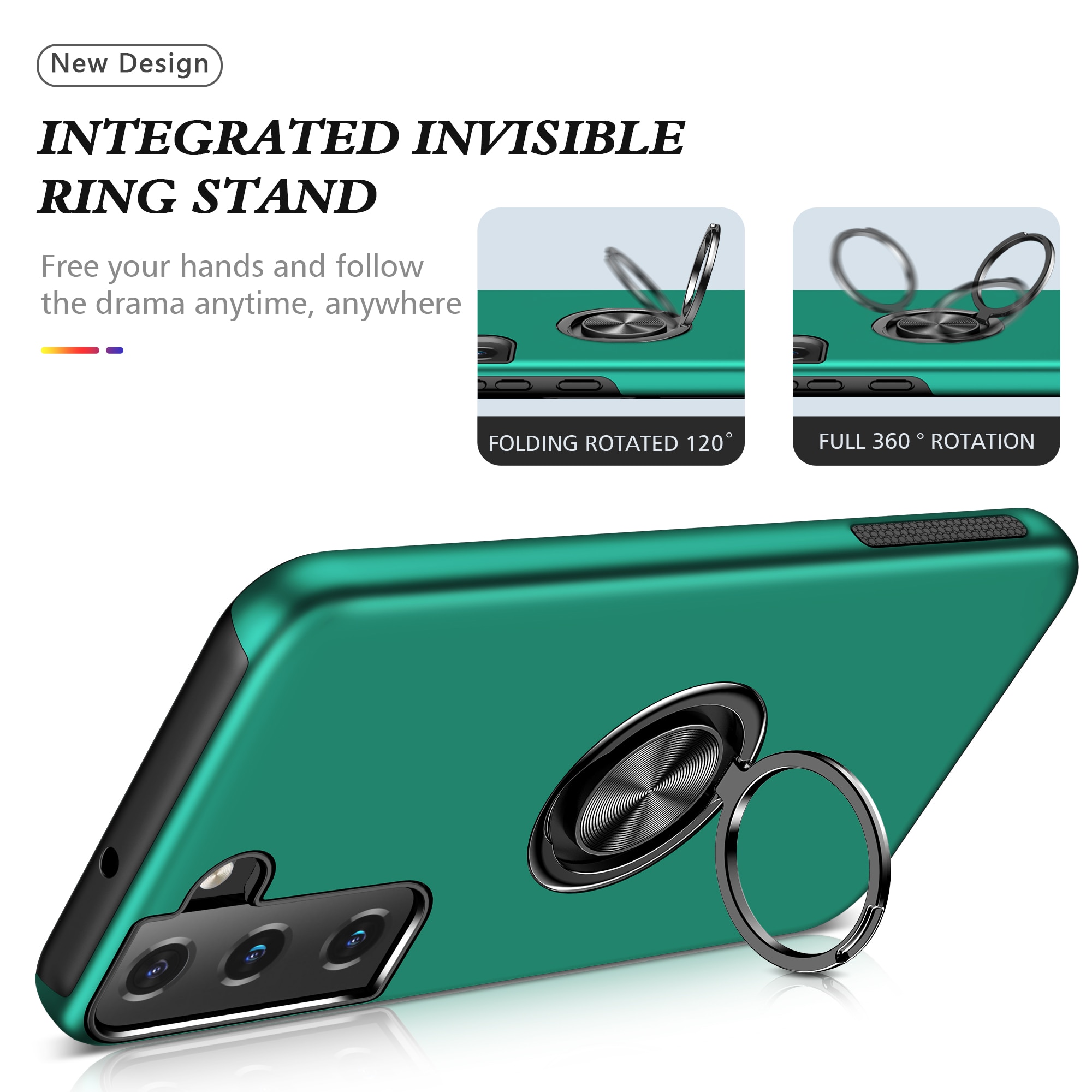 Husa de protectie pentru Samsung Galaxy S22, Hybrid Antisoc, Kickstand, Bumper inel rotativ 360, Green