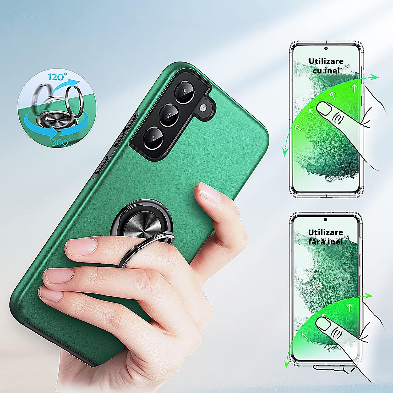 Husa de protectie pentru Samsung Galaxy S22 Plus, Hybrid Antisoc, Kickstand, Bumper inel rotativ 360, Green