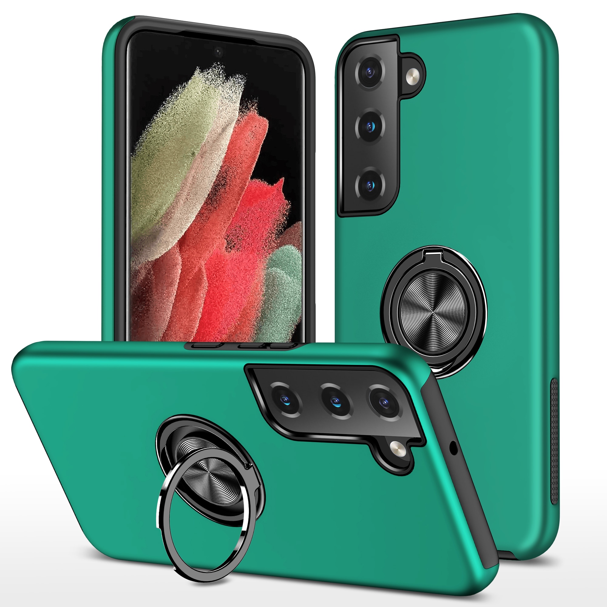 Husa de protectie pentru Samsung Galaxy S22, Hybrid Antisoc, Kickstand, Bumper inel rotativ 360, Green