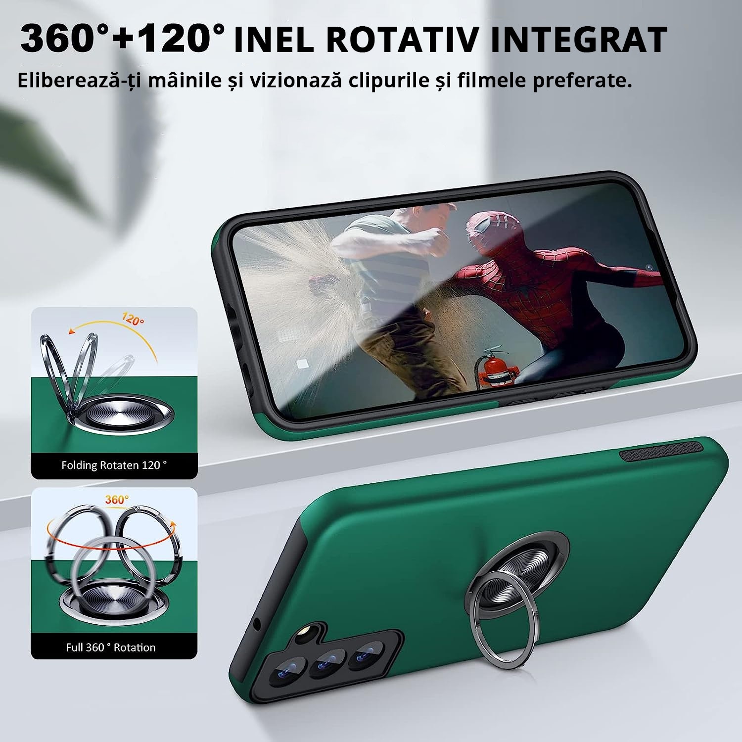 Husa de protectie pentru Samsung Galaxy S22 Plus, Hybrid Antisoc, Kickstand, Bumper inel rotativ 360, Green