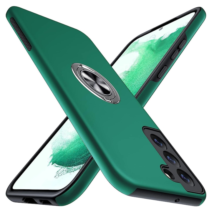 Husa de protectie pentru Samsung Galaxy S22, Hybrid Antisoc, Kickstand, Bumper inel rotativ 360, Green