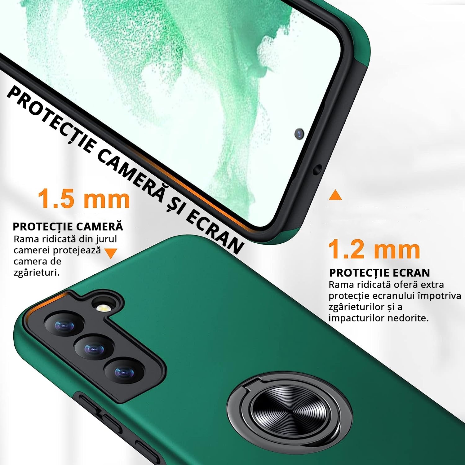 Husa de protectie pentru Samsung Galaxy S22 Plus, Hybrid Antisoc, Kickstand, Bumper inel rotativ 360, Green