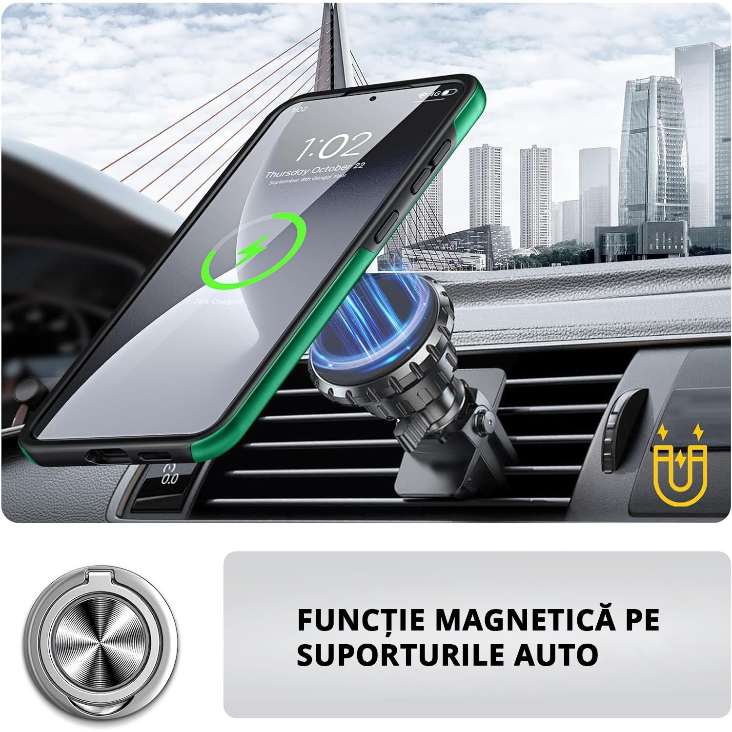 Husa de protectie pentru Samsung Galaxy S24, Hybrid Antisoc, Kickstand, Bumper inel rotativ 360, Green