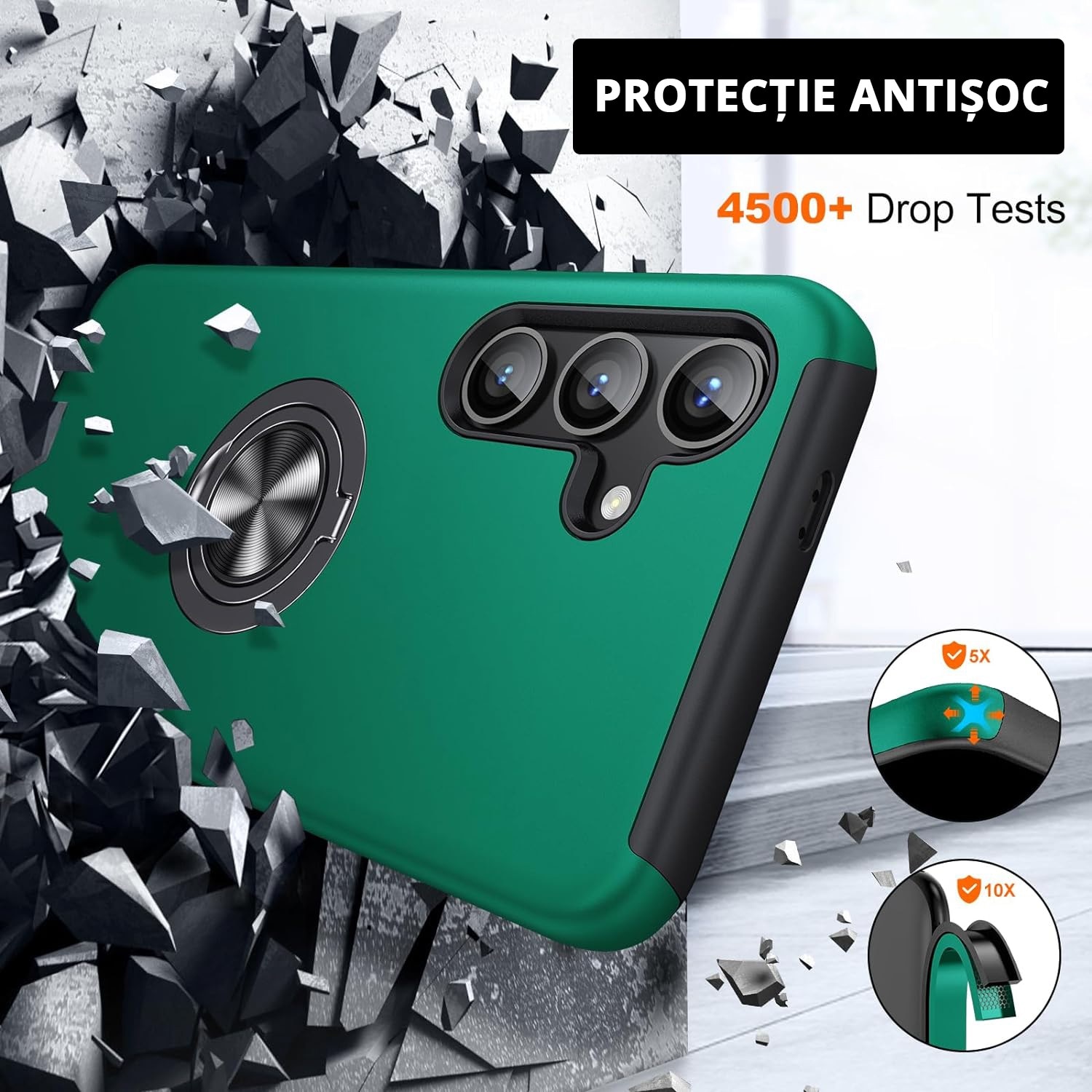 Husa de protectie pentru Samsung Galaxy S24, Hybrid Antisoc, Kickstand, Bumper inel rotativ 360, Green