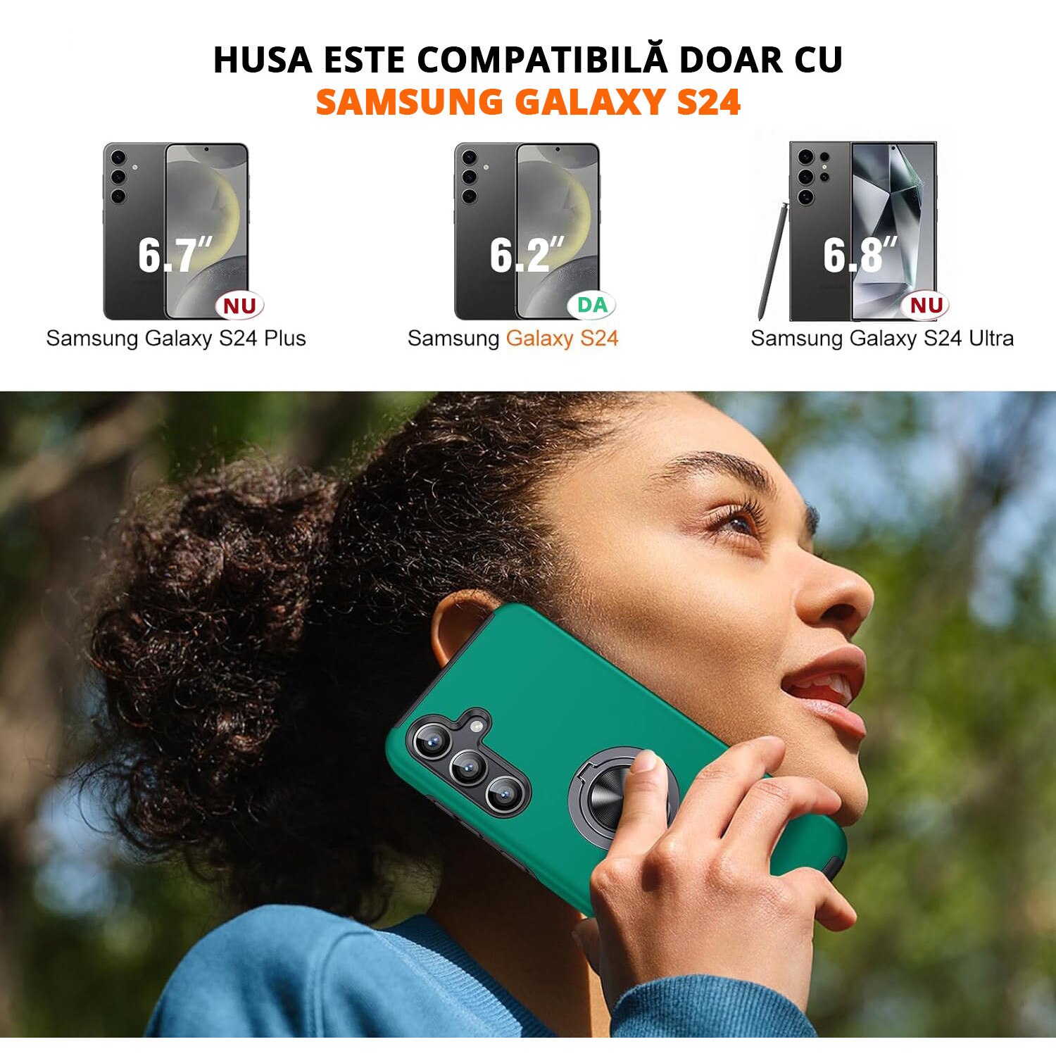 Husa de protectie pentru Samsung Galaxy S24, Hybrid Antisoc, Kickstand, Bumper inel rotativ 360, Green