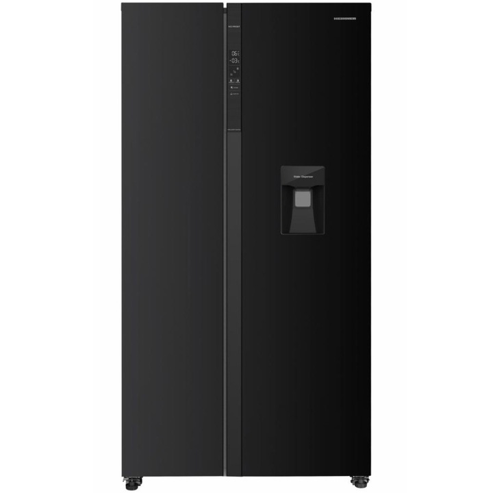 Heinner HSBS-HM532NFBKWDE++ Side by side hűtőszekrény, 532 l, Full No Frost, E energiaosztály, vízadagoló, Touch LED kijelző, Smart, Eco, ajtónyitási riasztás, H 177 cm, Fekete