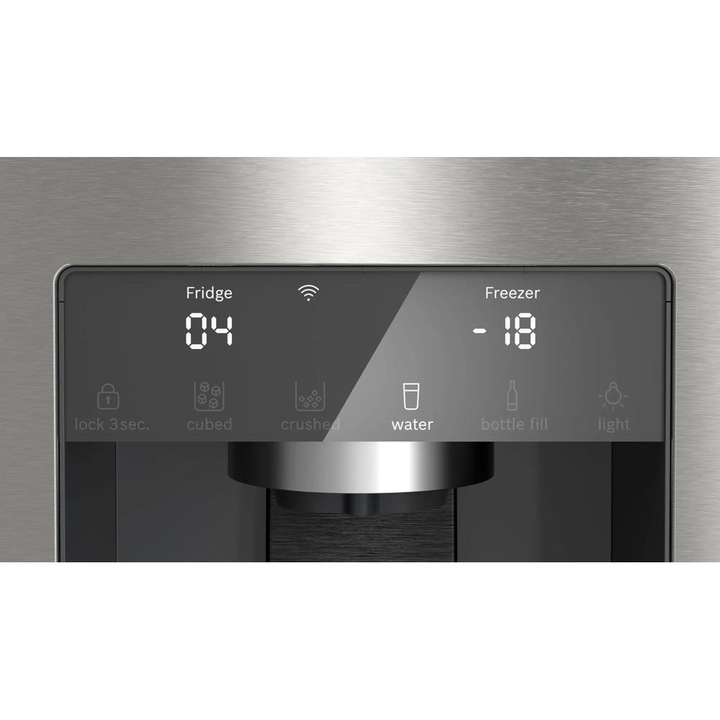 Side by side Bosch KFD96APEA, 574 l, NoFrost, Touch control, Dozator apa/gheata, Multi Air Flow, Home Connect, Clasa E, Inox anti-amprenta
