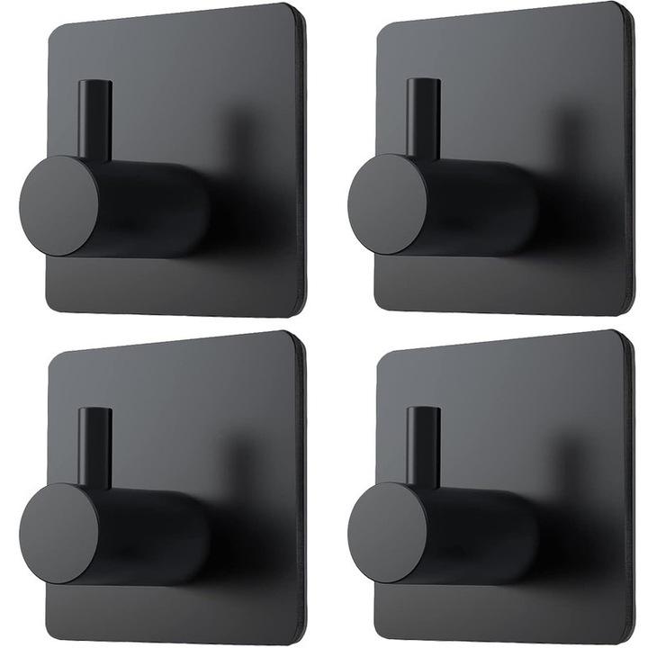 Set 4 carlige adezive, inox, negru mat