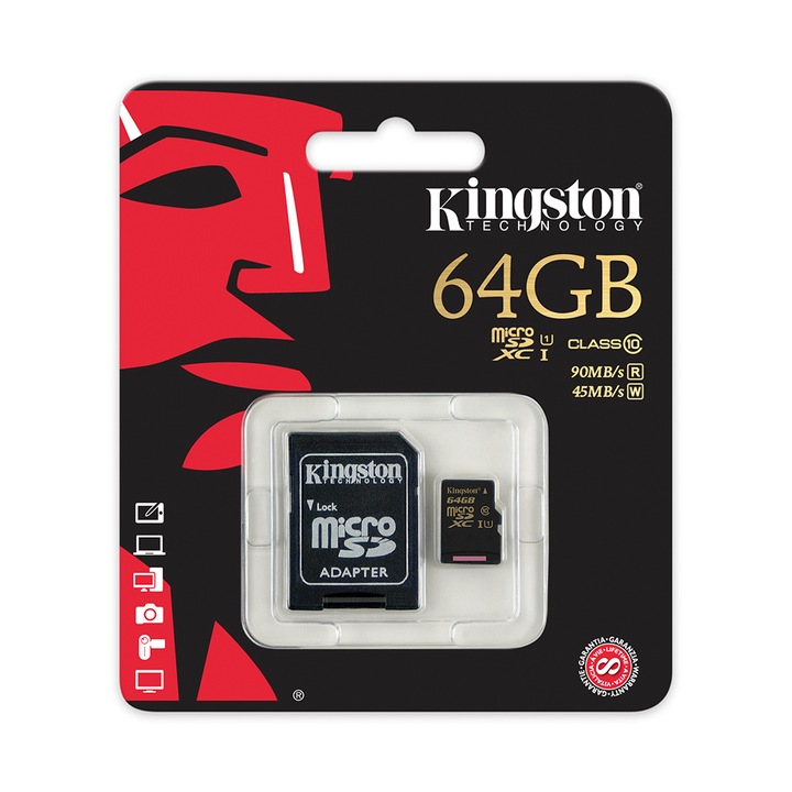Kingston microSDXC 64GB memóriakártya, Class 10, UHS-I + Adapter
