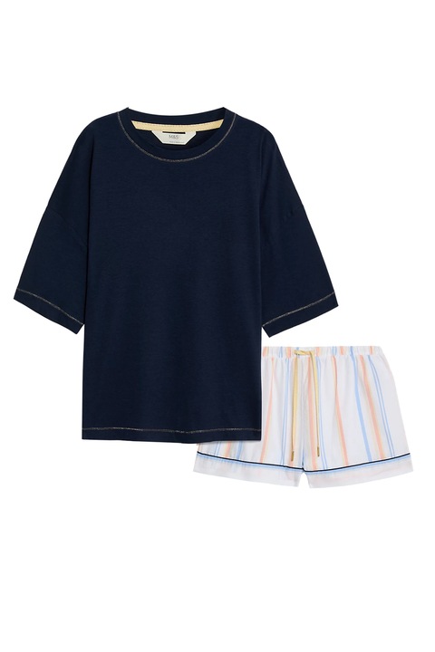 Marks & Spencer, Pijama scurta din amestec de modal si bumbac, Alb/Albastru/Negru