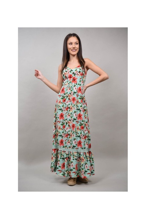 Дълга рокля на цветя с тънки презрамки, бейнет