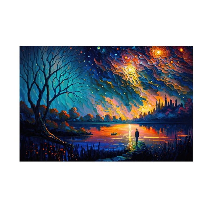 Tablou Peisaj Nocturn, Nocturna in Padure, MDF, 90x60 cm
