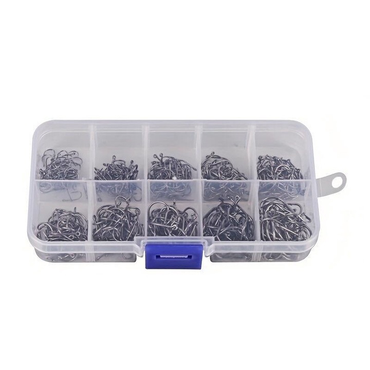 Set carlige pescuit, 10 dimensiuni, otel carbon, negru