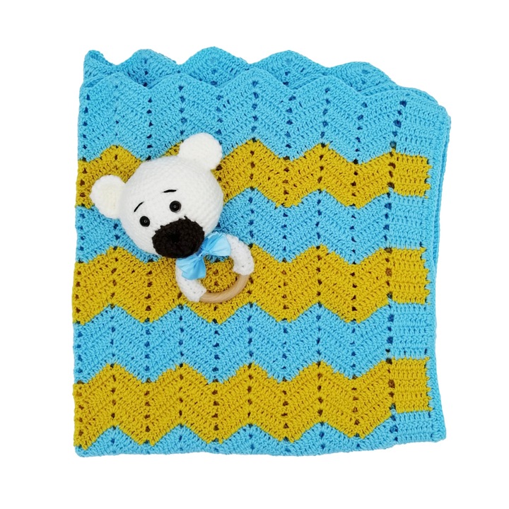 Set patura albastra si jucarie dentitie model ursulet alb, pentru bebelusi, crosetate manual