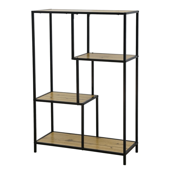 Etajera DacEnergy©, structura metalica, MDF laminat, aspect elegant, 4 zone de depozitare, 77 x 33 x 114, 5 cm, capacitate de incarcare pe fiecare raft 5 kg, culoare neagra si stejar