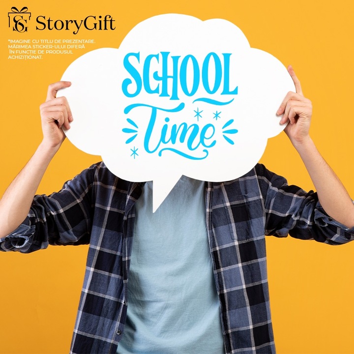 Външен стикер за тръгващи на училище с надпис "Време е за училище", син винил, 40 см