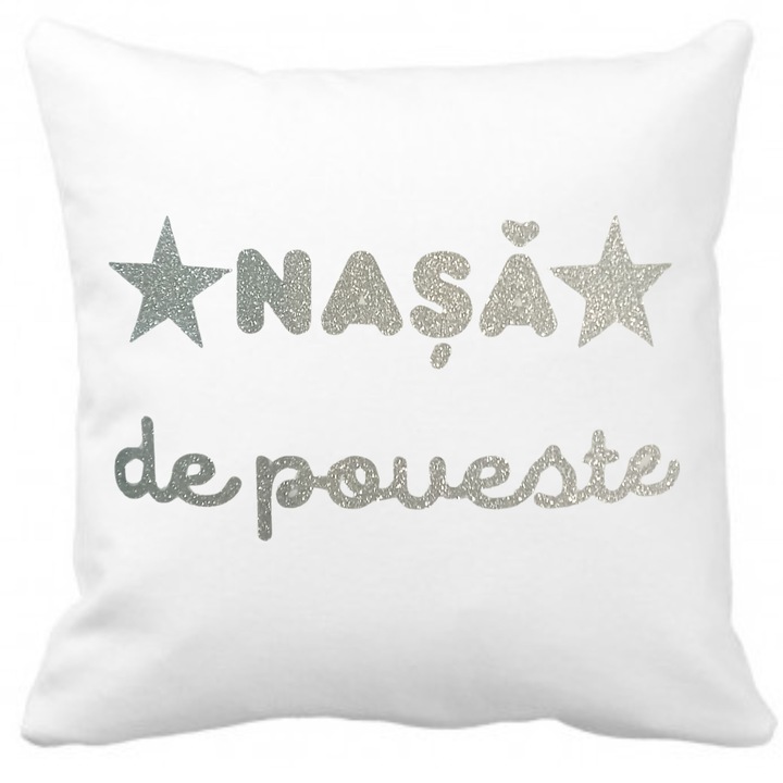 Perna pentru nasa, cu husa detasabila, din bumbac, alba, personalizata cu glitter argintiu, 40x40 cm