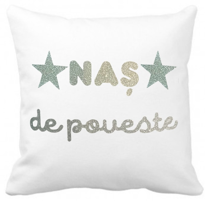 Perna pentru nasul, cu husa detasabila, din bumbac, alba, personalizata cu glitter argintiu, 40x40 cm