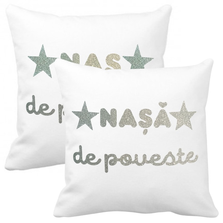 Set perne, pentru nasi, cu huse din bumbac, detasabile, albe, personalizate cu glitter argintiu, 40x40 cm