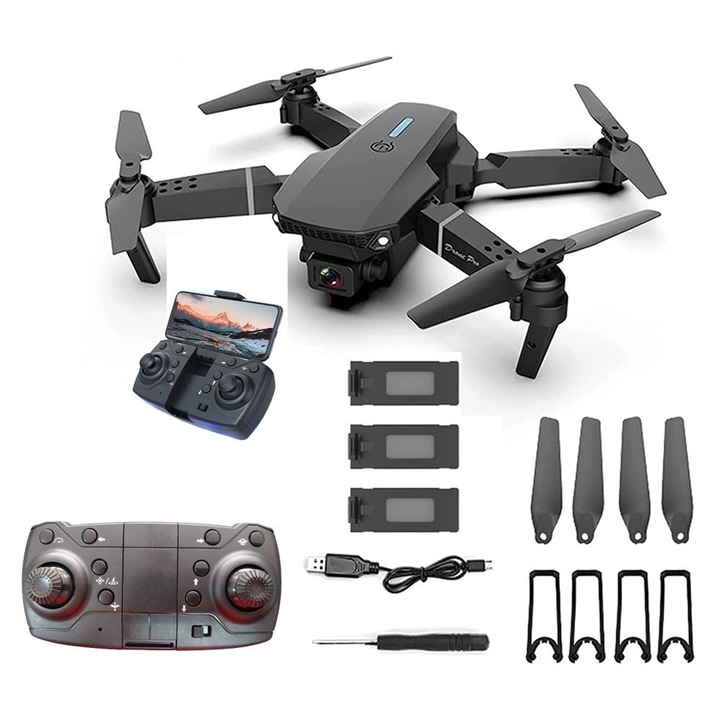 Дрон 1Tech E88, Сгъваем, 2 камери, 3 батерии, WIFI, FPV, Черен