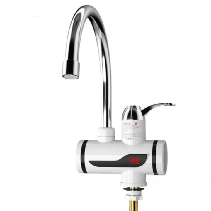 Електрически кран с моментално загряване на водата, LED дисплей за температурата, хоризонтален с монтиране на мивка/вана, мощност 3000 W, топла вода 30°C-60°C, бял