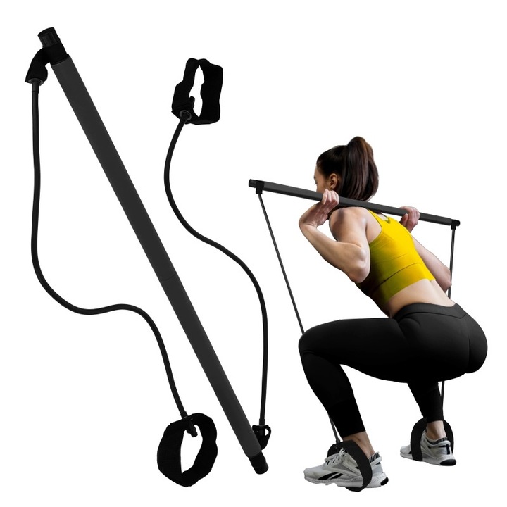 Bara fitness cu 2 corzi de cauciuc, pentru fitness, pentru incheieturi maini, brate, umeri si piept, cu bucle pentru picioare, Metal, Cauciuc Termoplastic, Spuma EVA, Latimea barei 90 cm, Negru