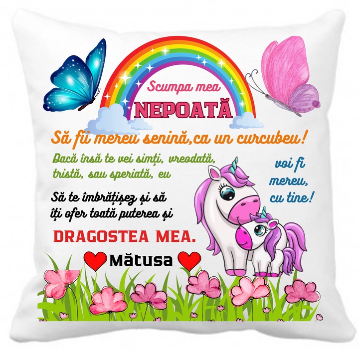 Perna pentru nepoata, personalizata cu imagini si mesaj, din partea matusii, husa detasabila, 40x40 cm