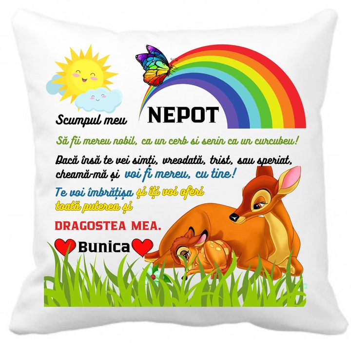 Perna pentru nepot, personalizata cu imagini si mesaj, din partea bunicii, husa detasabila, 40x40 cm