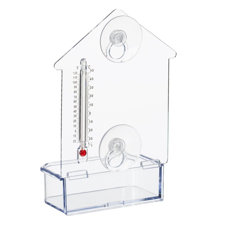 Hranitoare pentru pasari salbatice cu termometru, pentru fereastra, usor de montat cu ventuze, capacitate 100 ml, pentru observarea pasarilor si masurarea temperaturii exterioare, transparent, 17 x 11 cm
