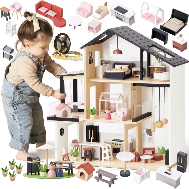 Casuta de papusi din Lemn MDF LikeSmart "Modern House", Banda LED, 6 camere, Gratar, Leagan, Mansarda, Figurine, 49 accesorii, 69 cm, Alb/negru