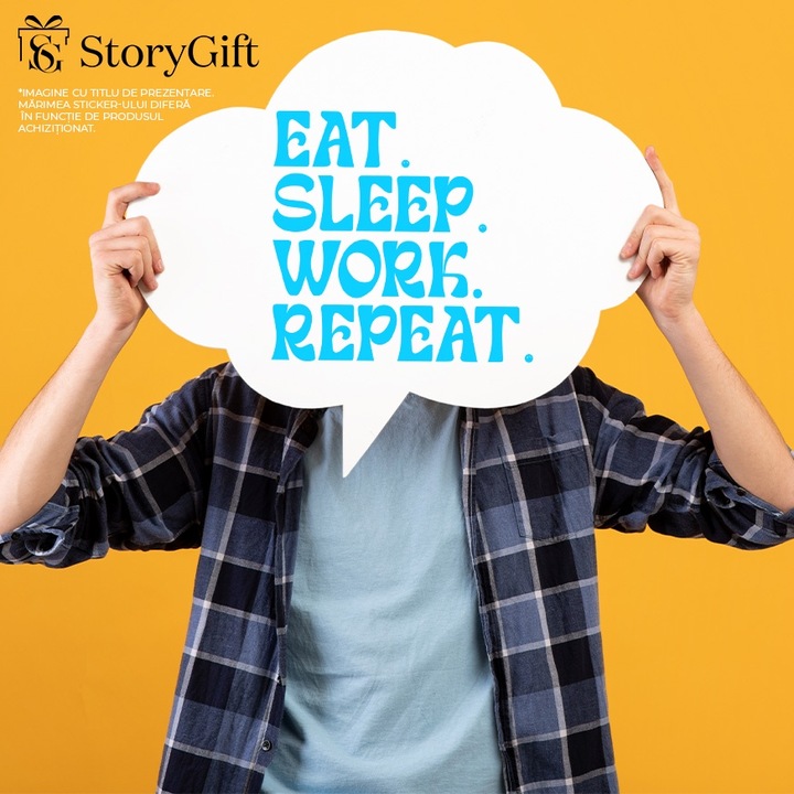 Външен стикер с надпис "Яж. Спи. Работи. Повтори." - ядене сън работа повторение, син винил, 90 см