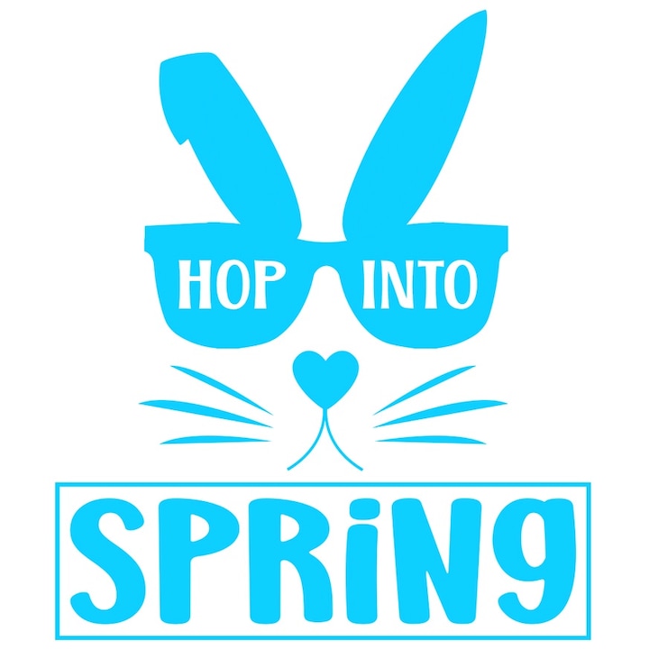 Sticker Exterior cu un iepuras cu ochelari si mesajul "Hop into spring" - topaie in primavara, Vinyl Albastru, 25 cm
