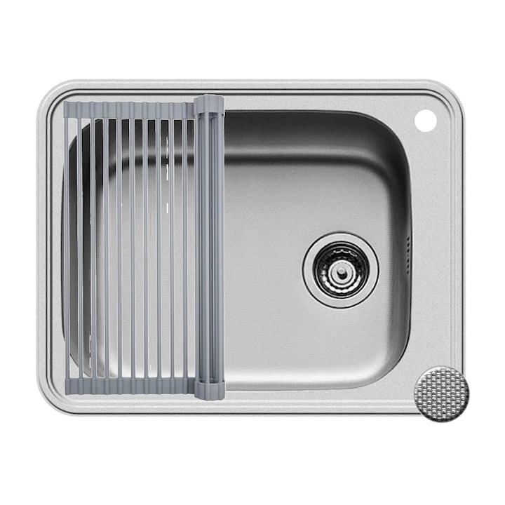 Set chiuveta inox Pyramis SPACE PLUS si suport multifunctional ROLL UP, 1 cuva, 610x480mm, adancime 200mm, finisaj inox texturat