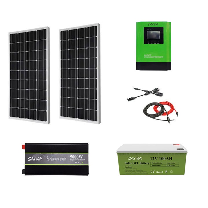 Kit fotovoltaic solar sistem 400 W, 2 x panouri solare 200 W, regulator/controller solar MPPT 40 A 12V/24V, invertor 5000W, SINUS PUR, baterie solara cu GEL 100A, Solid Volt