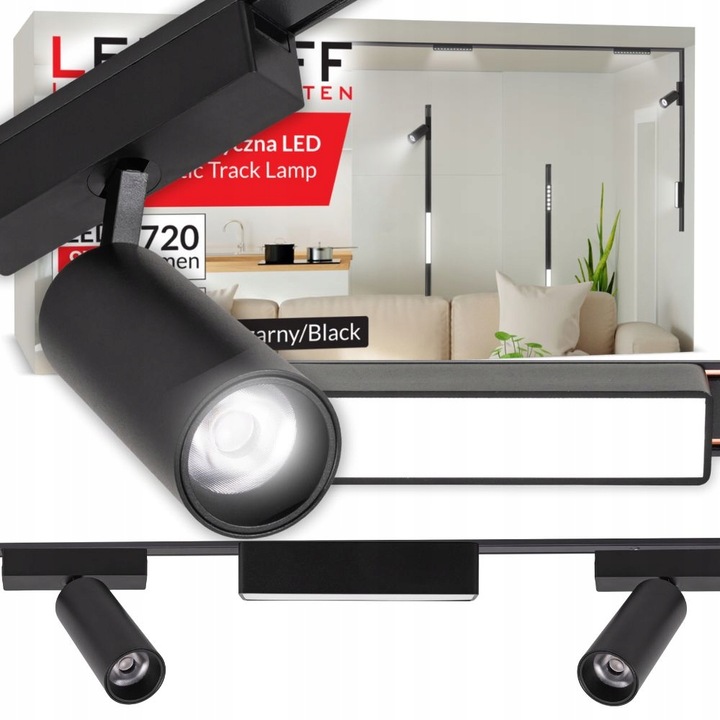 Set iluminat pe sina magnetica, Ledhoff, B8281, 1x Profil sina 1m, 3x Reflector lampa LED, 6W/12W, 4000K, IP20, 360lm/720lm, 150°/24°, DC48V, CE, clasa de eficienta energetica G/F, Negru